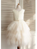 Champagne Satin Ruffle Tulle Tea Length Flower Girl Dress